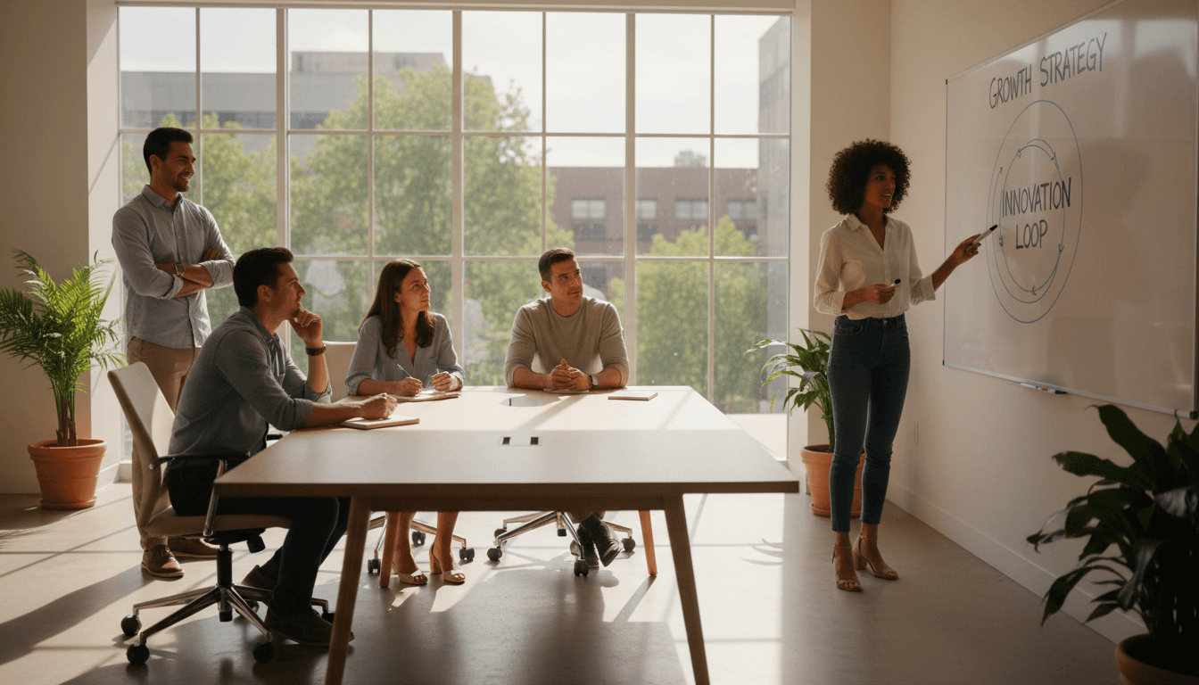 Diverse professional team collaborating on strategy in a modern office with natural light
