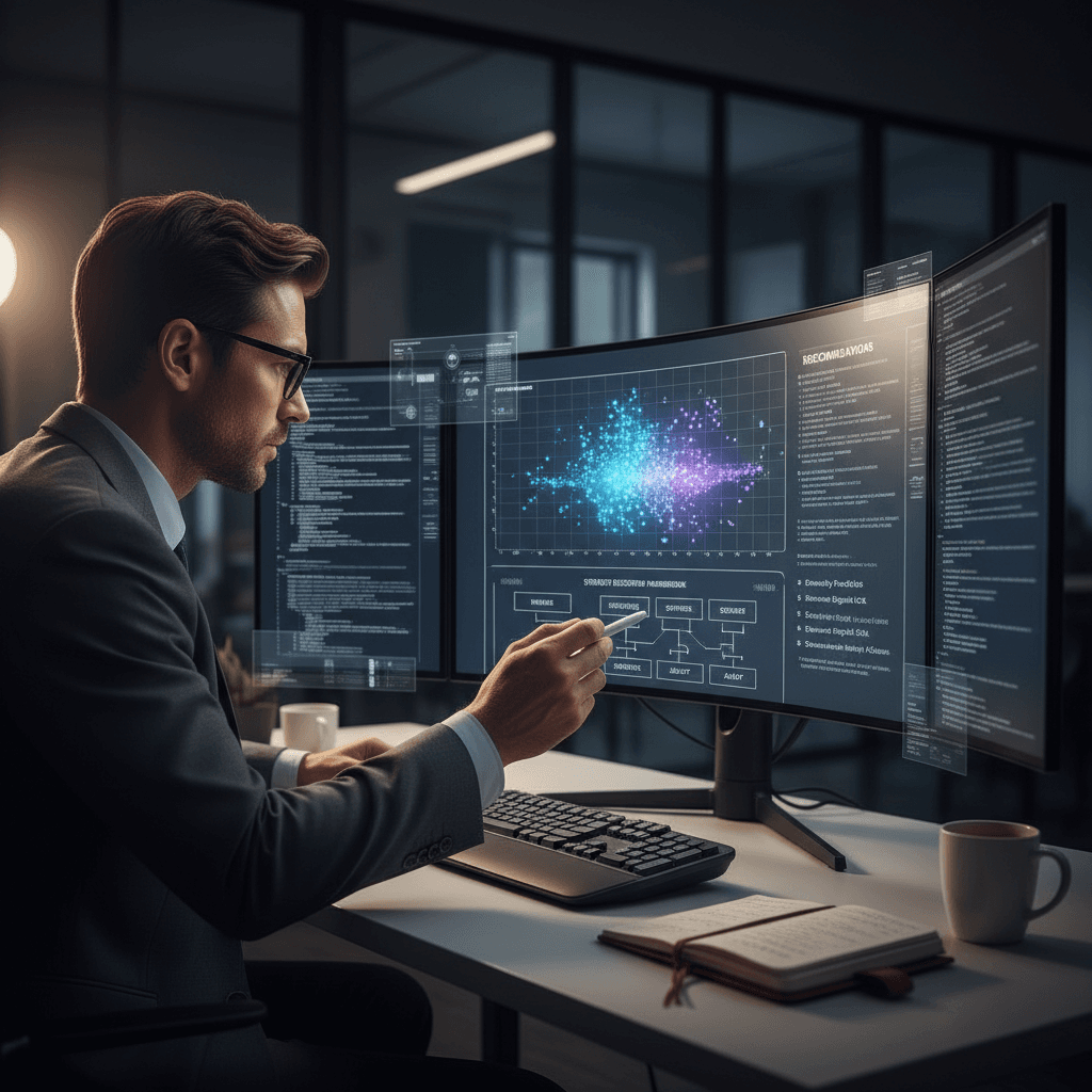 AI strategy analyst reviewing organizational data and insights