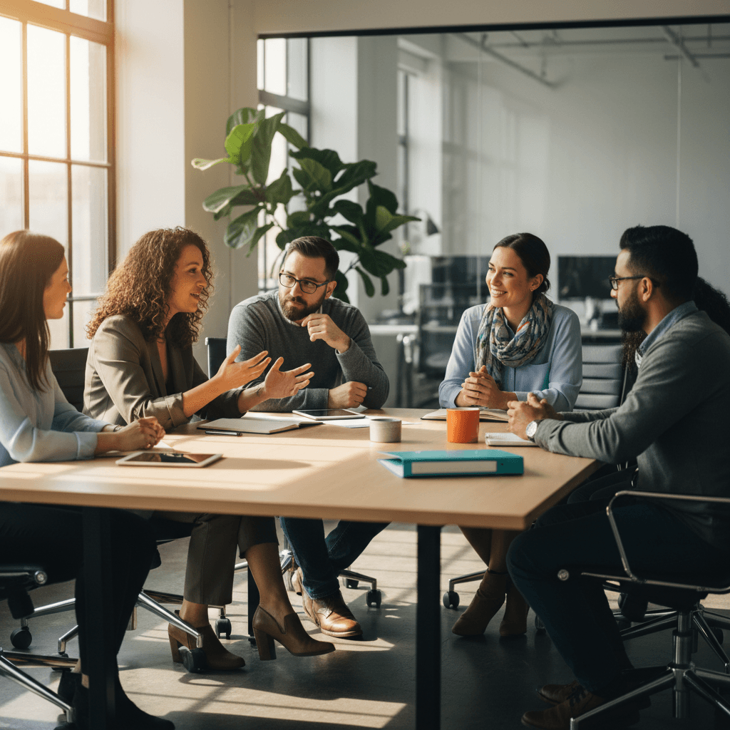 Team members engaged in authentic conversation
