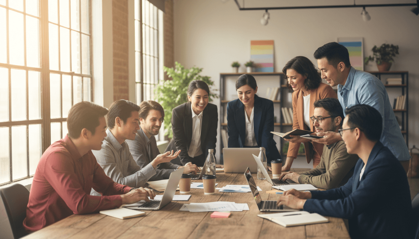 Diverse professionals collaborating in a modern, light-filled workspace