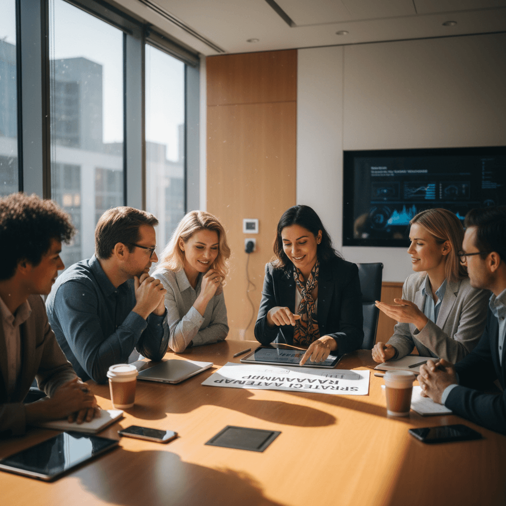 Leadership team reviewing AI strategy roadmap together