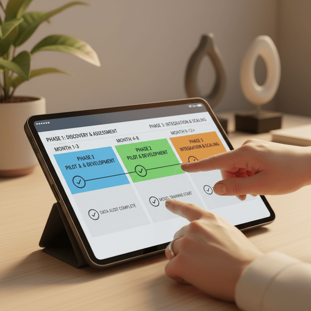 Detailed AI implementation roadmap displayed on tablet