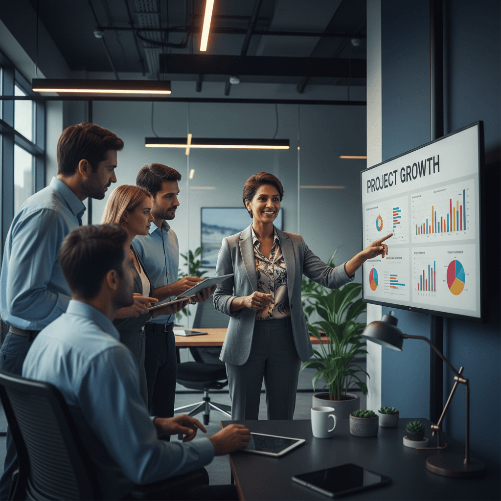 Confident leader facilitating team performance discussion